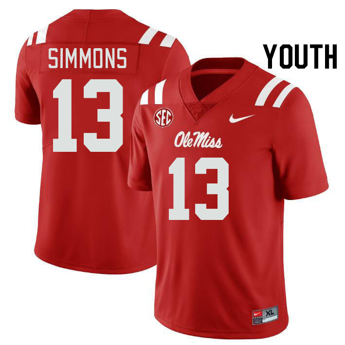Youth #13 Austin Simmons Ole Miss Rebels College Football Jerseyes Stitched Sale-Red